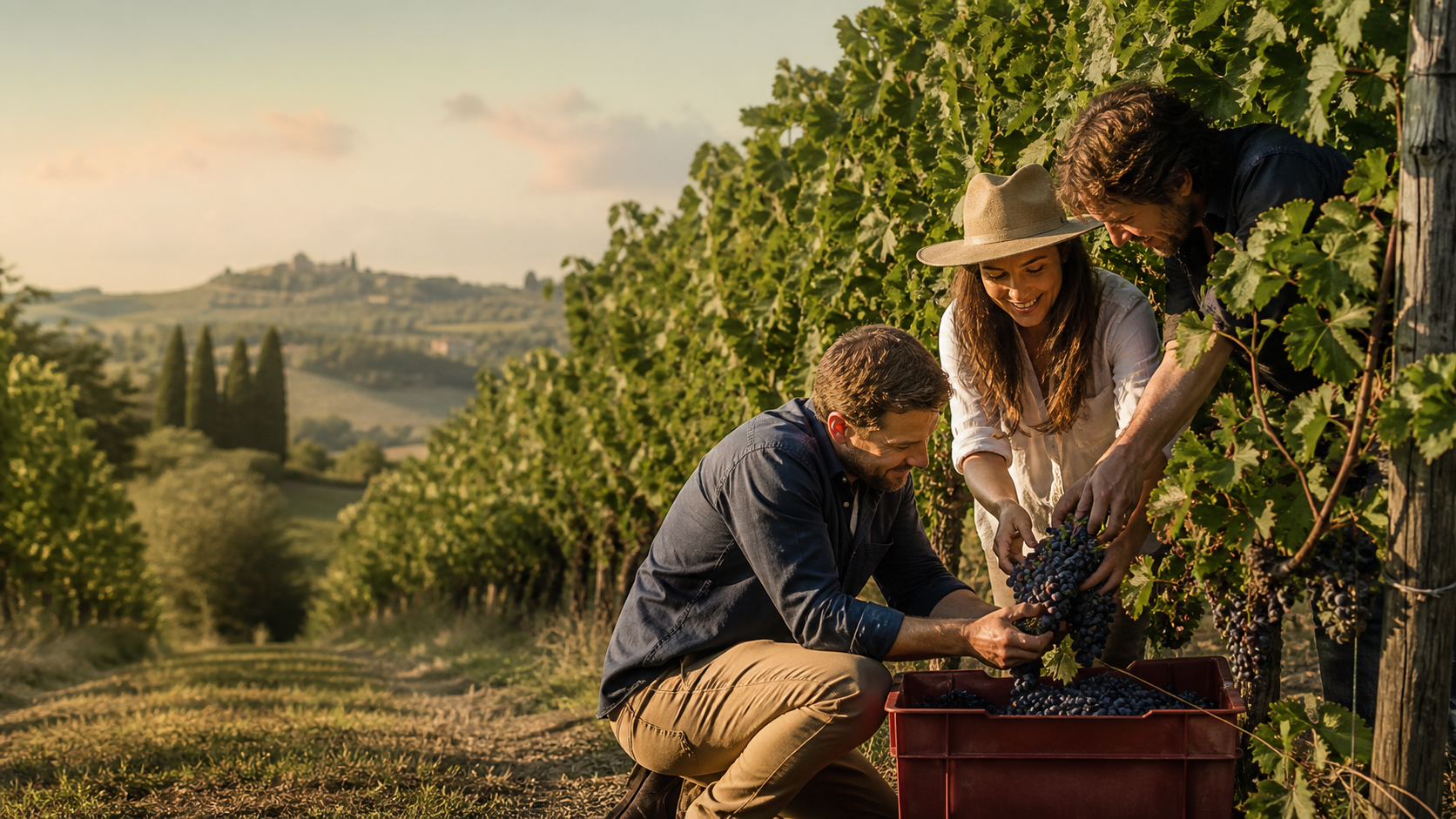 Ospiti e vignaiolo raccolgono l’uva insieme